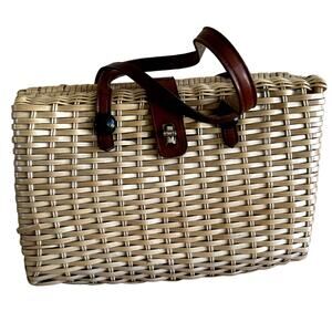 VTG Rattan Basket Square Handbag 80s Sturdy Eco Friendly Leather Strap Cream